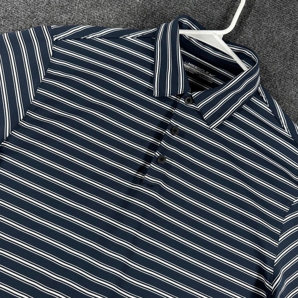 Nike Golf‎ Polo Shirt Mens S Small Navy Blue White Striped Fit Dry Athletic